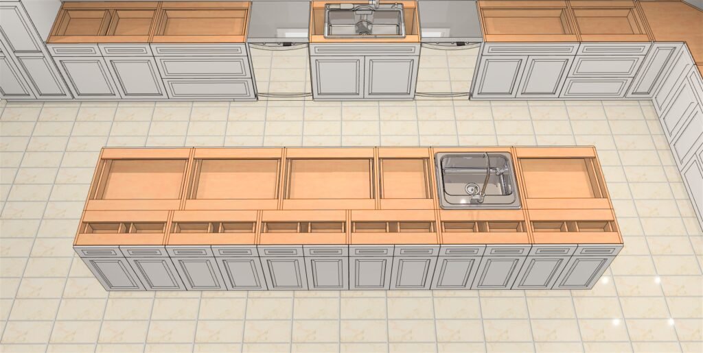 3D kitchen design rendering with gray shaker cabinets