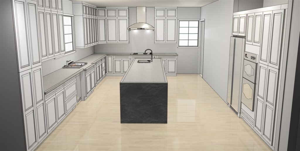 3D kitchen design rendering showing island, range hood and cabinets