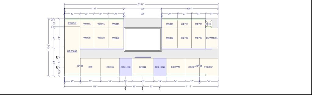 Kitchen cabinet elevation drawing showing cabinet codes and dimension strings