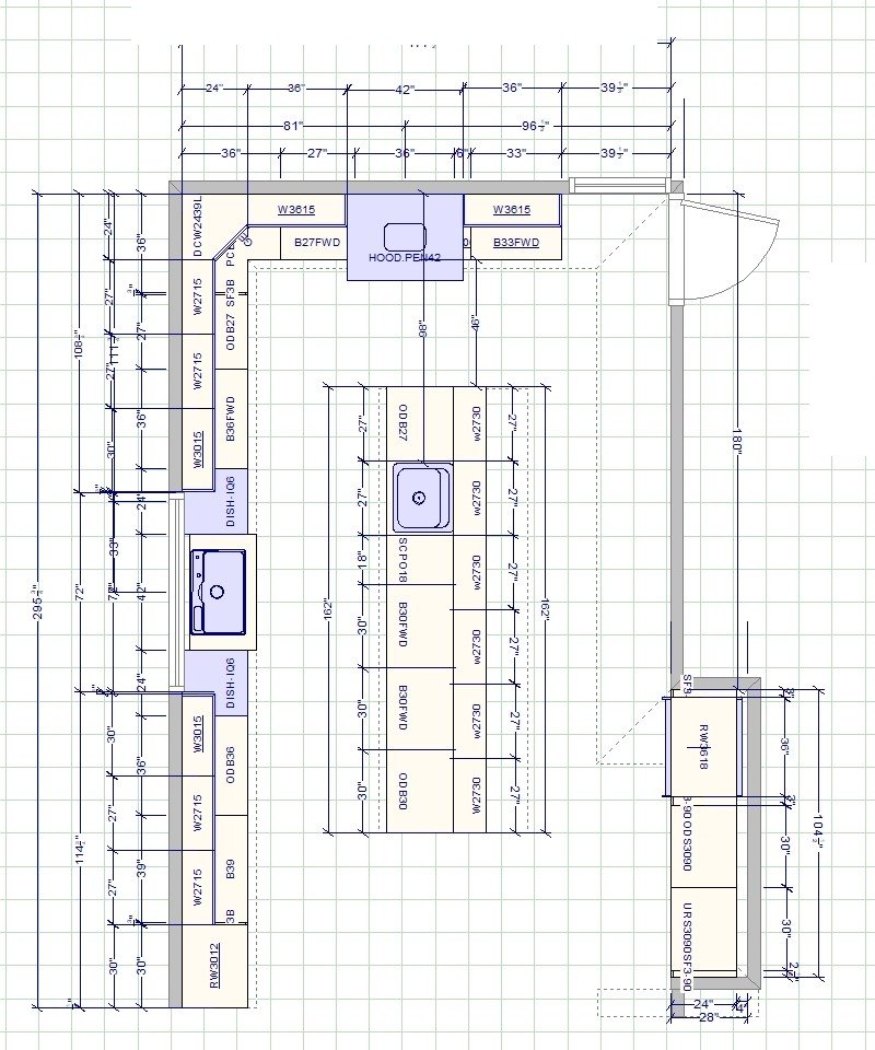 Kitchen floor plan showing cabinet codes, dimension strings and appliance positions