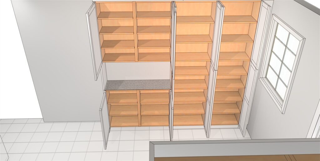 Kitchen cabinet interiors with doors open showing shelves, back panel and box construction
