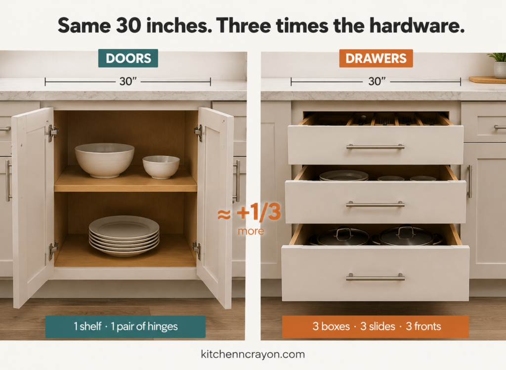 Same-width kitchen cabinet shown with doors versus drawers, showing why drawers cost more