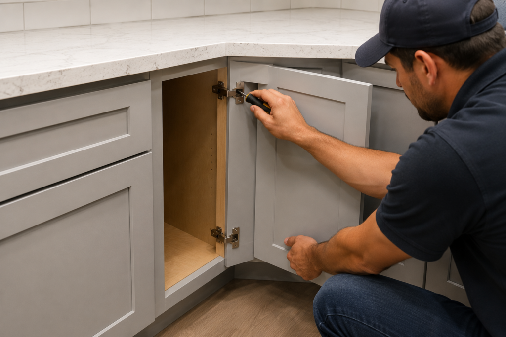 Professional installer adjusting a kitchen cabinet hinge to align a corner cabinet door during installation.