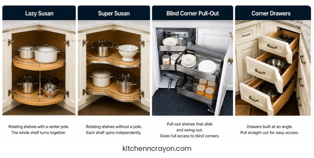 Four corner cabinet options compared: lazy Susan, Super Susan, blind corner pull-out, and corner drawers