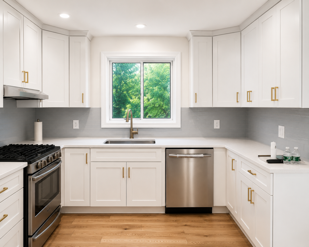 White shaker corner wall cabinet in a custom kitchen where a minor installation issue led to a discussion about installer responsibility.