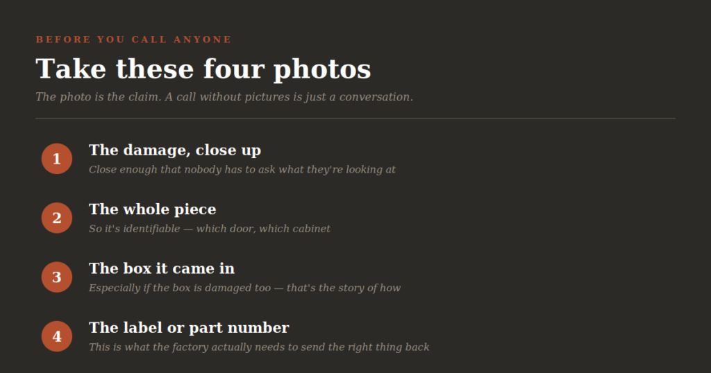 Checklist of four photos to take when kitchen cabinets arrive damaged