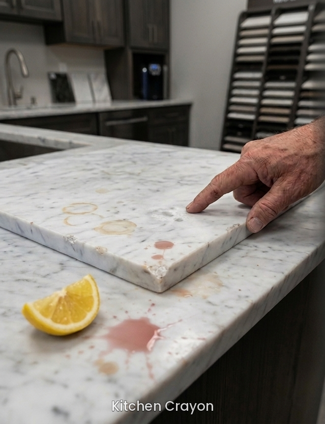 Marble countertop with acid etching, lemon and wine stains, and ring marks