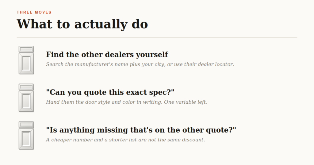 Three steps to compare kitchen cabinet dealers on identical specs