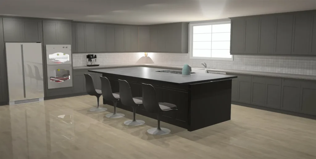3D kitchen rendering showing cabinets, countertop, tile and appliances — only one of which is on a cabinet quote