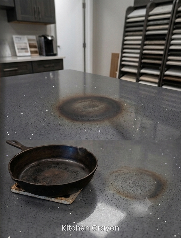 Quartz countertop with heat scorch rings from a cast iron pan, and a pan resting on a trivet