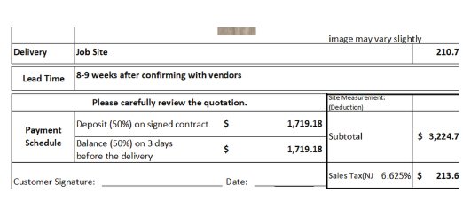 Cabinet quote payment schedule showing 50 percent deposit and balance due before delivery, plus subtotal and sales tax