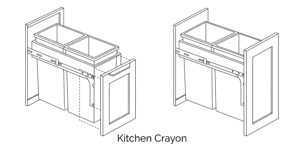 A line drawing of a kitchen cabinet with a two-bin trash pull-out on full-extension slides