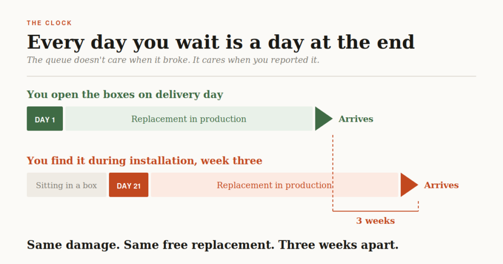 Timeline showing how reporting cabinet damage three weeks late adds three weeks to the project