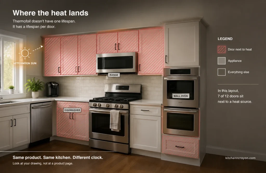 A kitchen with the cabinet doors next to the range, wall oven, dishwasher and window marked as heat-exposed