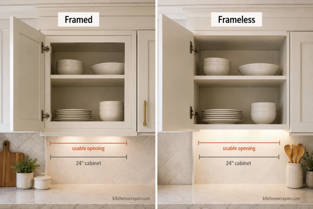 Framed vs frameless cabinet opening width comparison