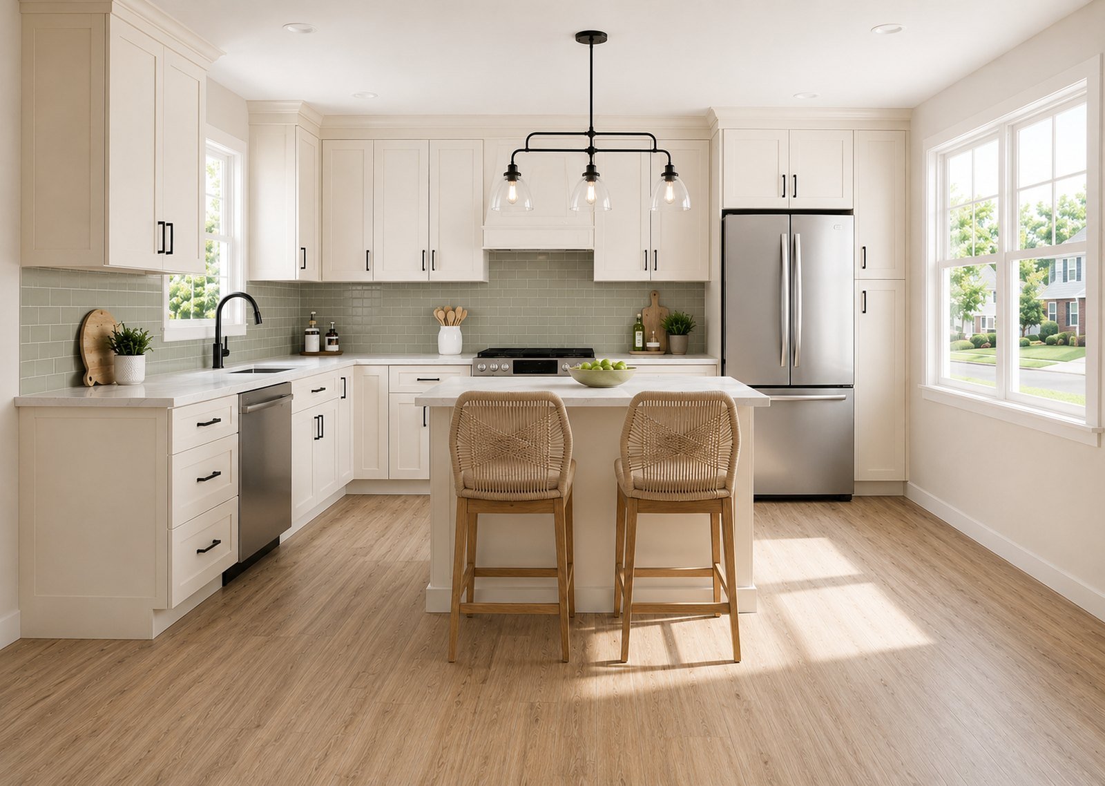 Bright white shaker kitchen with island and sage tile backsplash