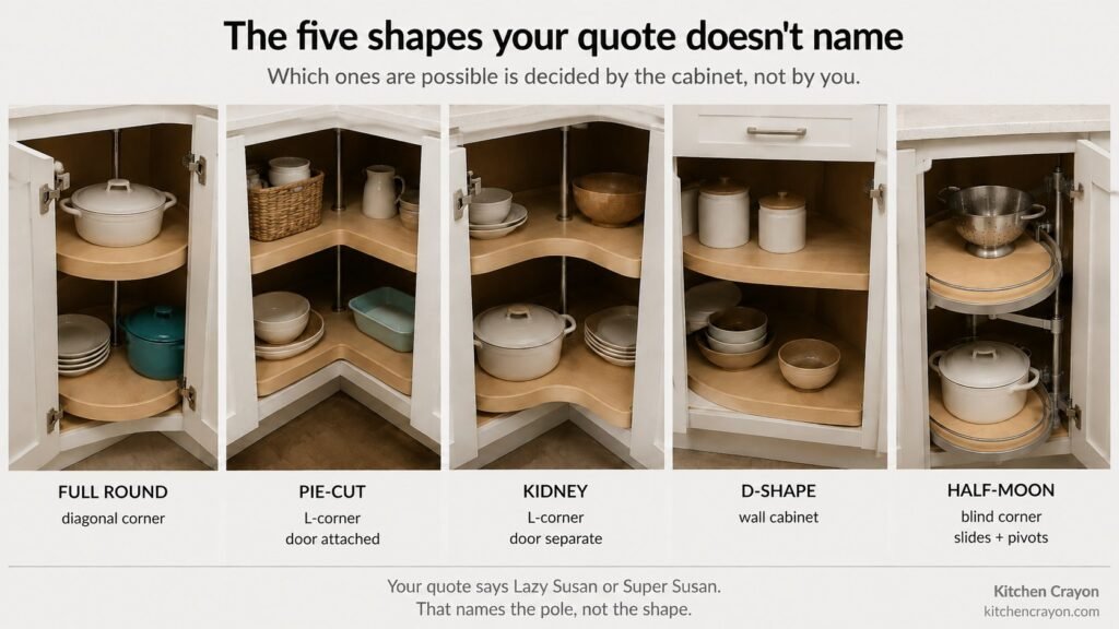 Five lazy Susan types shown inside corner cabinets